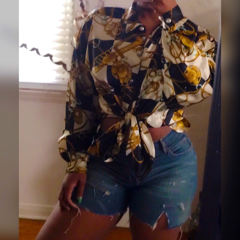 Vintage Silk Print Blouse, Size Large